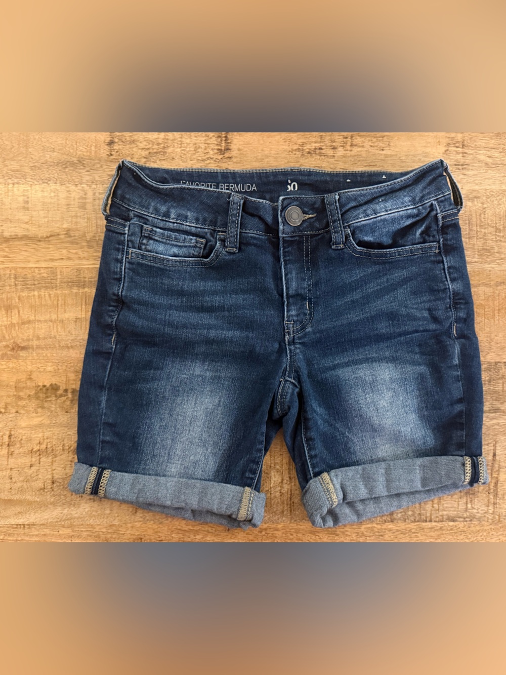 SO Favorite Bermuda Denim Shorts Dark Wash Cuffed Stretch Size 1 Y2K EUC